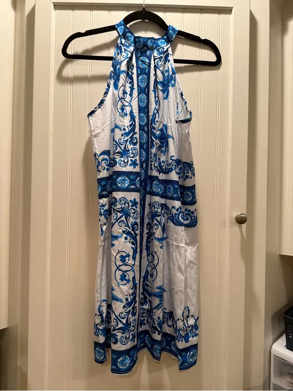 Amazon Blue & White Halter Mini Dress - Image 7