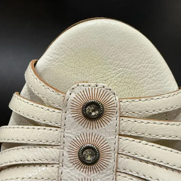 ESCADA Ivory White Leather Crystal Studded T-Strap Wedge Sandals Size 37 1/2 - Image 15