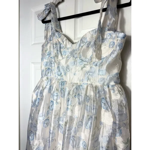 Lulus White Baby Blue Floral Burnout Tie-Strap Sweetheart Midi Dress Size M - Image 6
