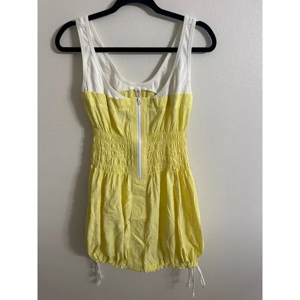 Anthropologie Daily Pratice Yellow White Zip Front Smocked Bubble Mini Dress S - Image 3