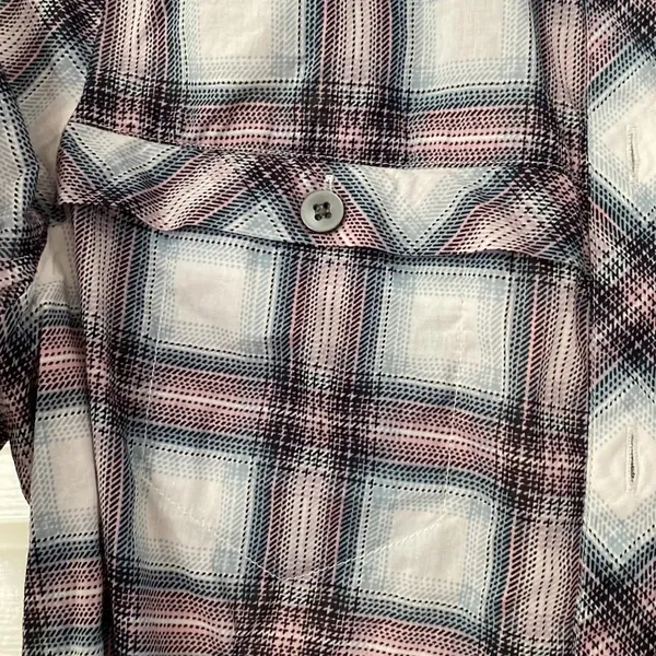 CAbi #233 Festival Button Down Shirt Mixed Plaid‎ Floral Small Blue Pink Artsy - Image 5