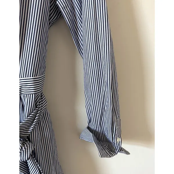 J. Crew Tie Waist Shirt Knee Length Dress Striped Navy Blue White Size 12 - Image 3