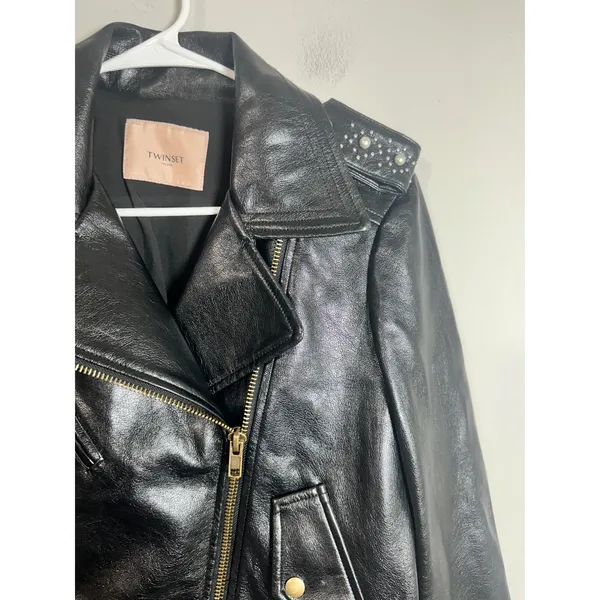 Twinset Milano Black‎ Genuine Leather Pearl Studded Biker Moto Jacket Womens S - Image 4