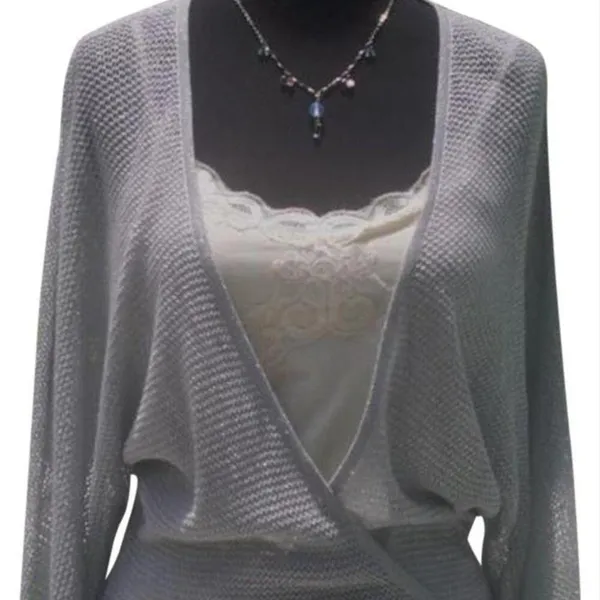Cache Knit Silver Metallic Peek A Boo Faux Wrap Top New Banded Bottom $98 NWT - Image 5