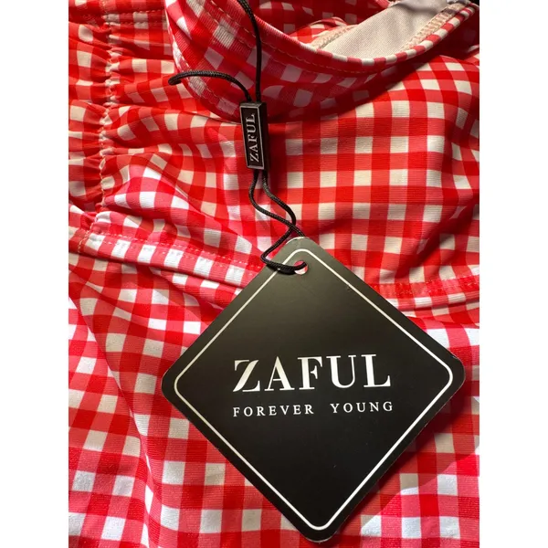Zaful‎ Red Gingham Tankini Set Tie Shoulder Lace Up Back Swimsuit US 8 New - Image 7