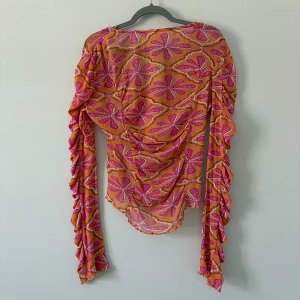 Free People Through the Meadow V Neck Floral Long Sleeve Top Pink Orange M NWT - Image 3