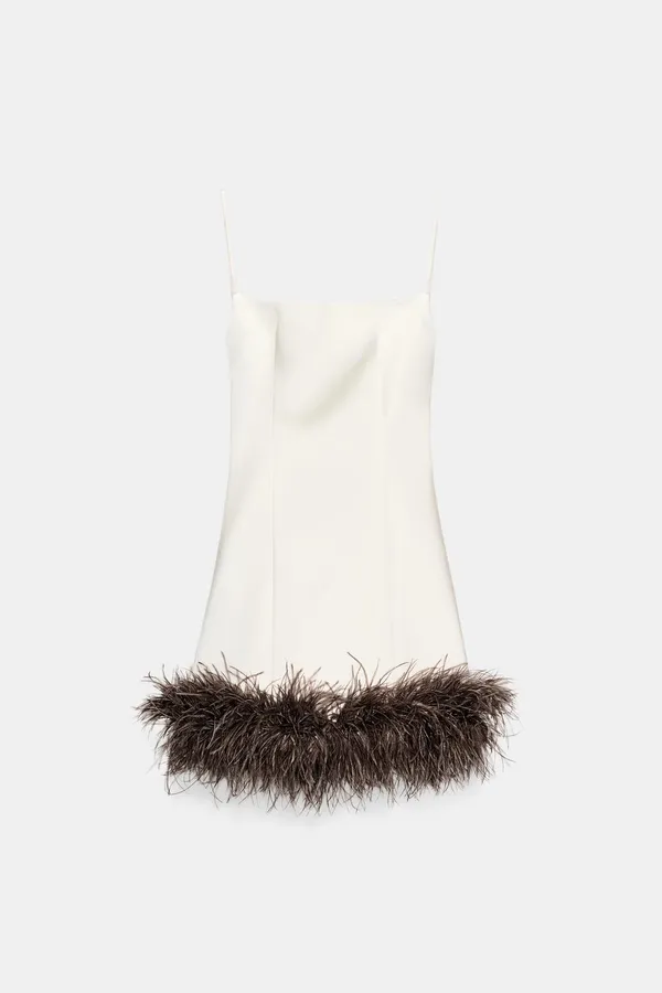 Zara Satin Mini Dress with Feather Hem in Cream - Image 7