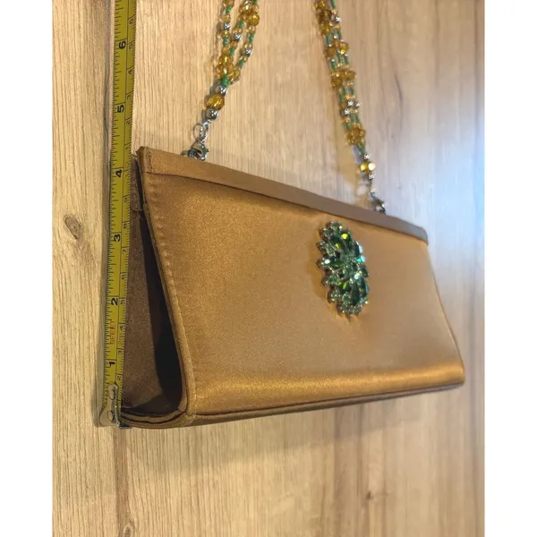 Bronze Satin Evening Clutch‎ Bag Green Rhinestone Brooch Beaded Handle Crossbody - Image 5