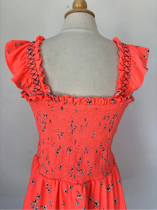 CeCe Neon Coral Floral Smocked Sleeveless Peplum Tank Top - Image 4
