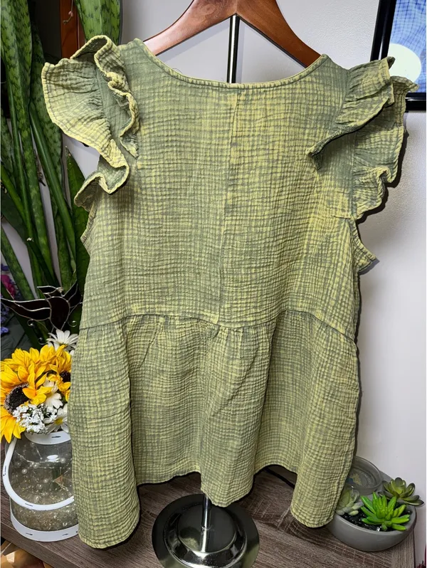 Zenana Gauze Acid Wash Ruffle Sleeve Top in Green - Image 2