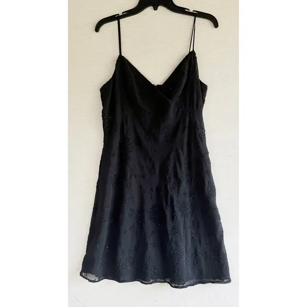 JSC Vintage 90s Black Beaded Floral Mini Dress Spaghetti Strap Size 14 Wrap Neck - Image 3