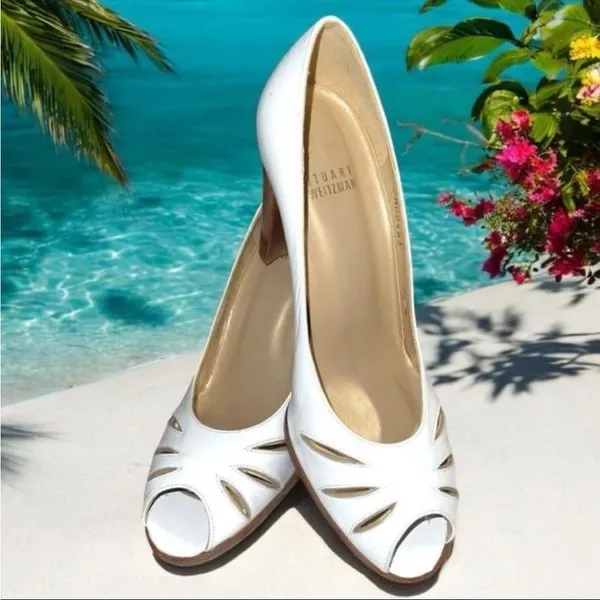 Stuart Weitzman luxury brand white leather heels with peekaboo design! - Image 3