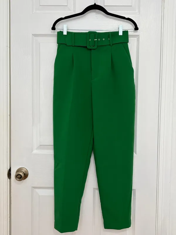 ZARA Green Belted High Waist Tapered Ankle Career Dress Pants S Classic Office - Image 2