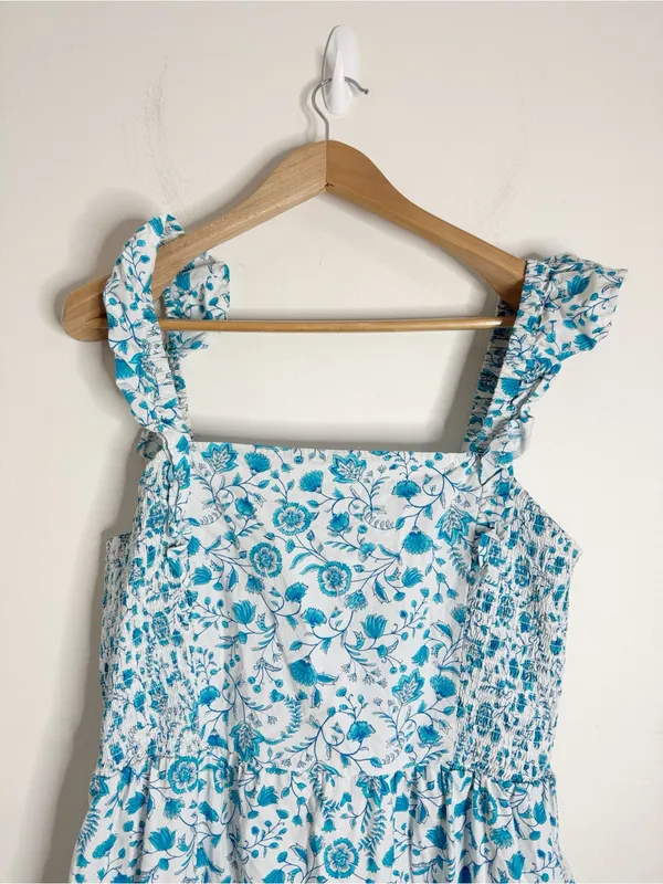Draper James Ruffled Smocked Sun Dress Blue Floral Print Midi Preppy Summer XL - Image 5
