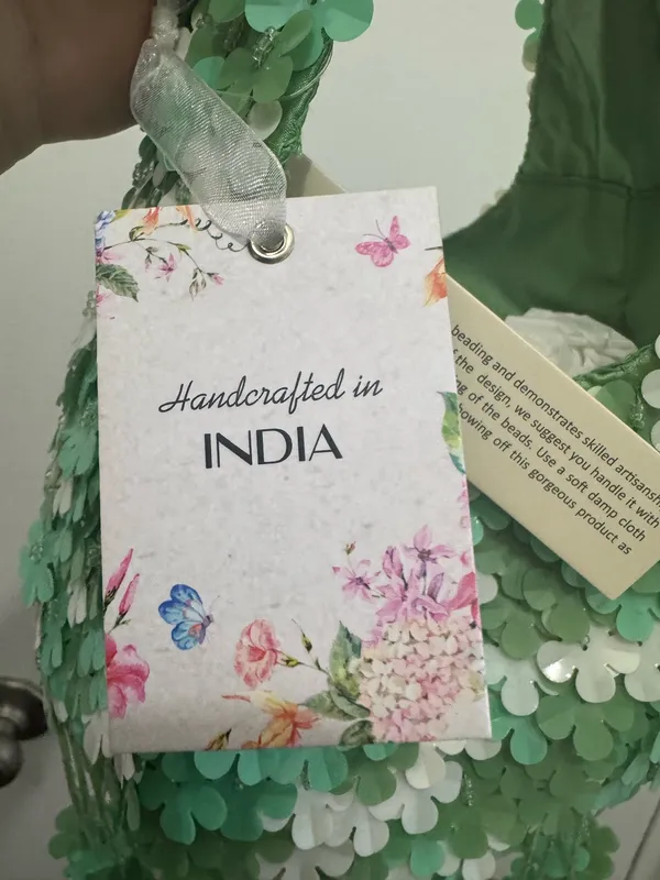Viral Beaded Bag Made in India Green White Floral Hanging Flower Fringe - Image 3