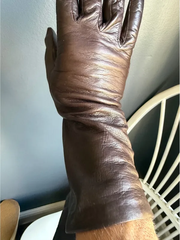 Vintage Long Brown Leather Gloves with Blue Knit Lining Size 7 - Image 7