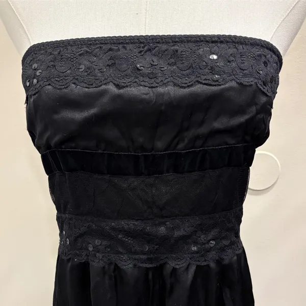 Y2K Two of Us Black Strapless Lace Velvet Tiered Midi Dress Fairy Whimsigoth L - Image 3
