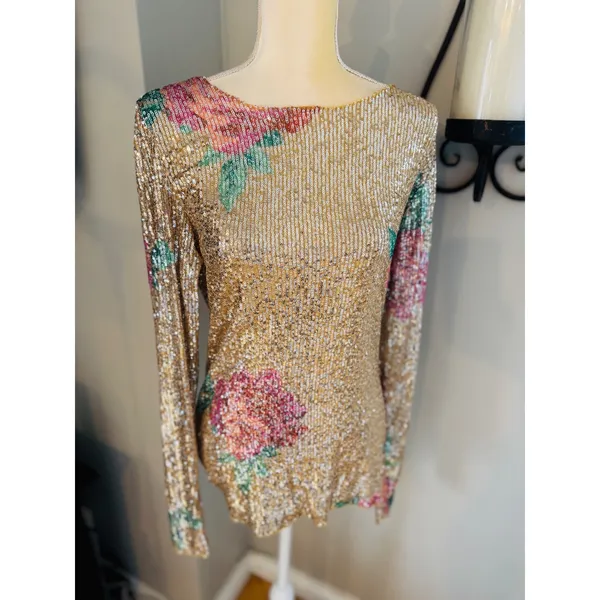 Free People Gold Rush Floral Sequin Top,‎ Champagne/Pink, Medium, NWOT - Image 6