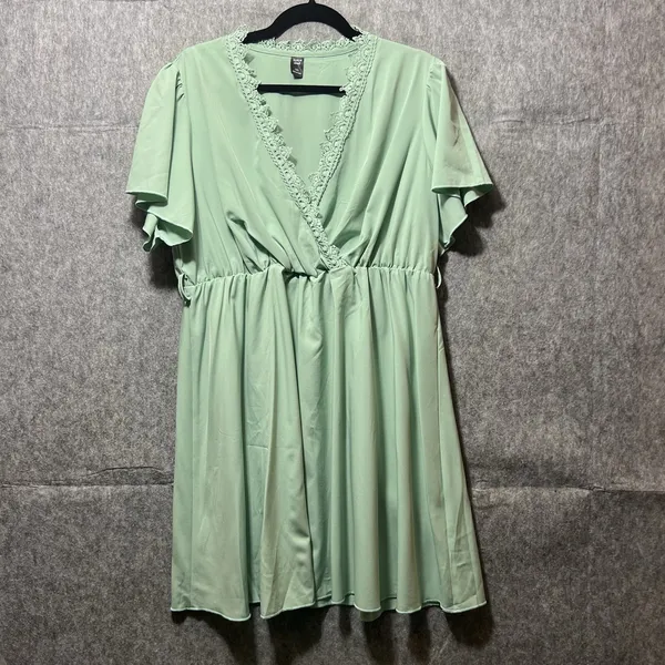 SHEIN Curve Mint Green Lace Trim V-Neck Empire Waist Flutter‎ Sleeve Dress 1XL - Image 9