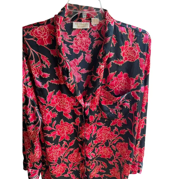 Vintage Gold‎ Tag Victoria's Secret 90's Black Red Floral Satin Sleepshirt Sz L - Image 2