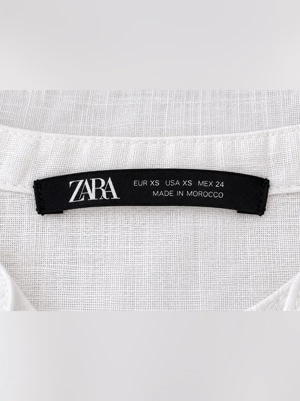 Zara 100% Linen Oversized White V-Neck Button Down Blouse XS Mandarin Collar - Image 6