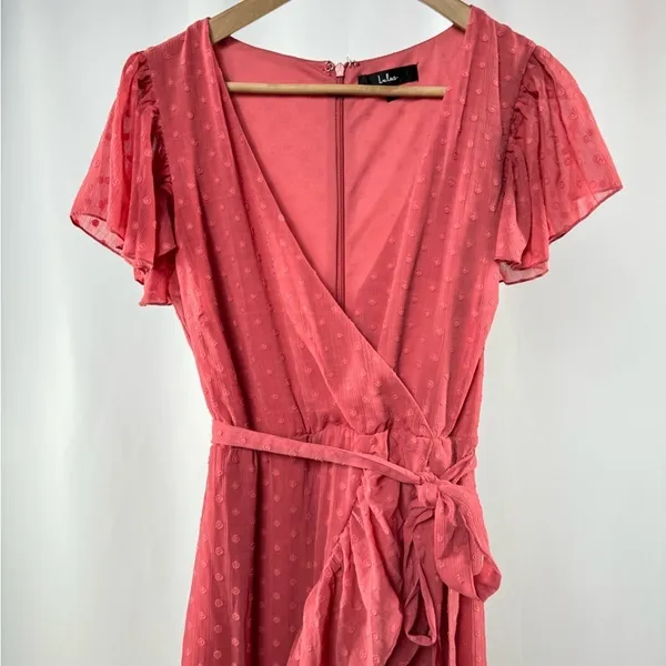 Lulus Have Harmony Swiss Dot Ruffled Faux Wrap Midi Dress in Mauve Size Medium‎ - Image 6