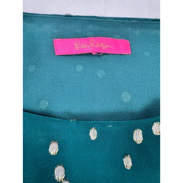 Lilly Pulitzer Green Silk Gold Metallic Polka Dot Smocked Cuff Blouse Top 07109 - Image 5