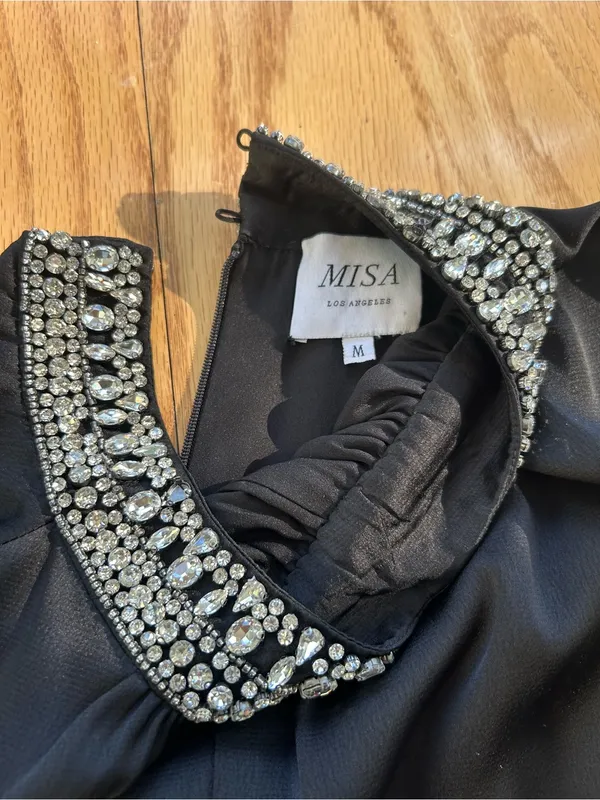 MISA Los Angeles Kira Black‎ Satin Midi Dress Crystal Embellished Neck Medium - Image 7