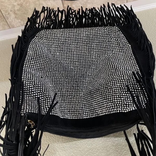 Faux Suede Fringe Rhinestone black Shoulder Bag boho tassels purse tote‎ - Image 2