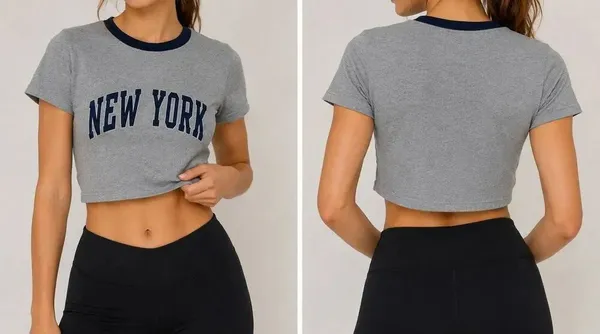 Brandy Melville New York Graphic Baby Tee Gray Ringer Crop Top One Size - Image 2