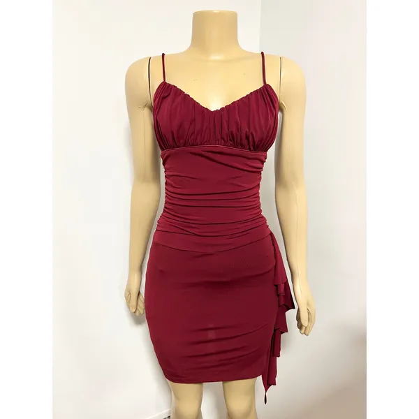 Papaya Burgundy Ruched Bodycon Mini‎ Dress Side Ruffle Spaghetti Strap Red Small - Image 2