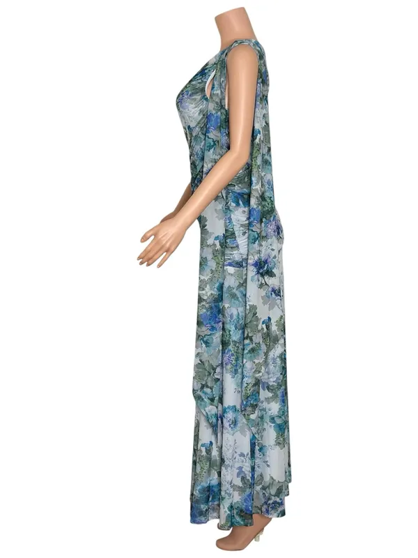 BHLDN One-Shoulder Scarf Maxi Dress, Blue Floral, Medium - Image 4