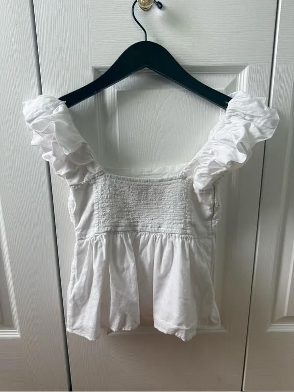 Abercrombie & Fitch White Emerson Peplum Puff Sleeve Pleated Top - Image 3