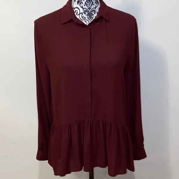 LOFT Burgundy Ruffle Peplum Hem Long-Sleeve Blouse Size Medium - Image 2