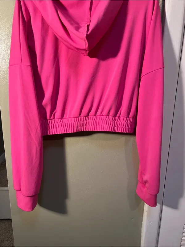 Womens Size XL Cropped Hoodie Bright Pink Banded Hem Long Sleeve Kangaroo Pocket - Image 8