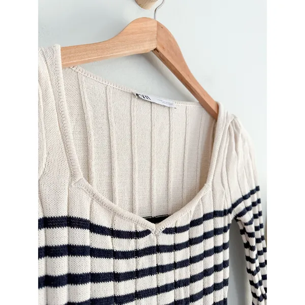 Zara | Striped Ribbed Knit Midi Dress Scalloped‎ Hem| Sz XS - Image 4