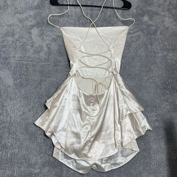 Unbranded Satin‎ Romper Women S Champagne Cowl Neck Lace Up Back Tiered Ruffle - Image 6