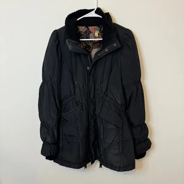 Free People We The Free Black Puffer Jacket Size Medium Black Floral Coat - Image 2
