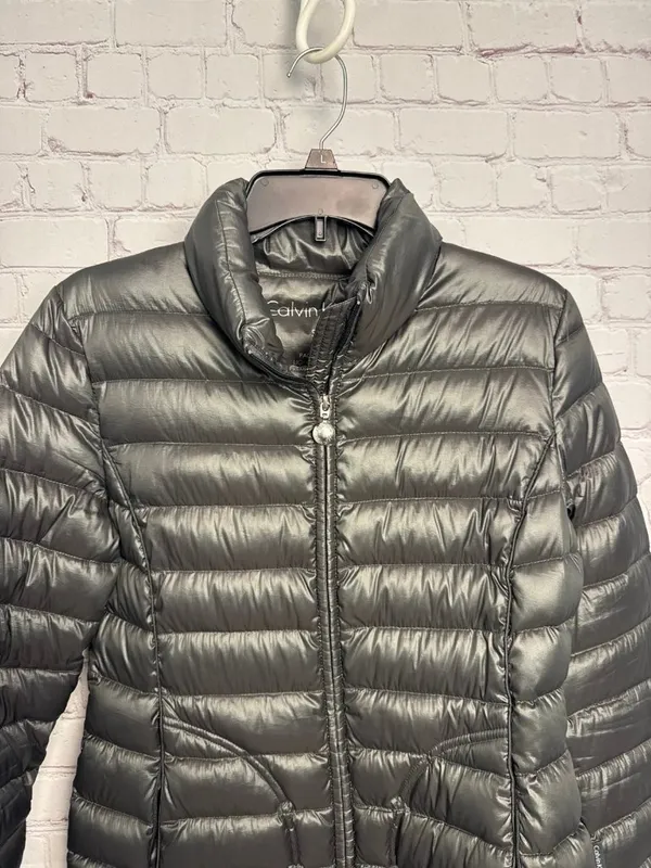 Calvin Klein puffy gray jacket metallic packable puffer coat ladies small - Image 2