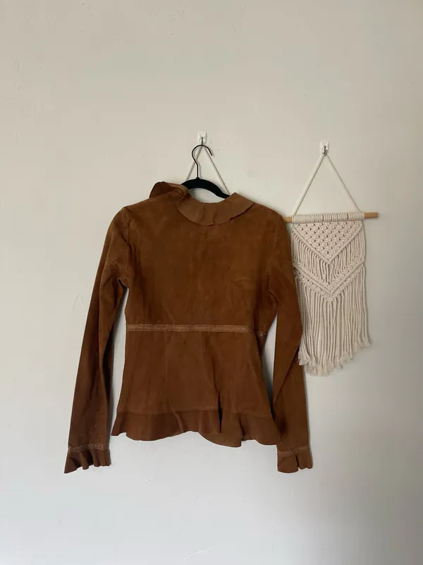 Express Vintage Leather Suede Ruffle Jacket Y2K - Image 3