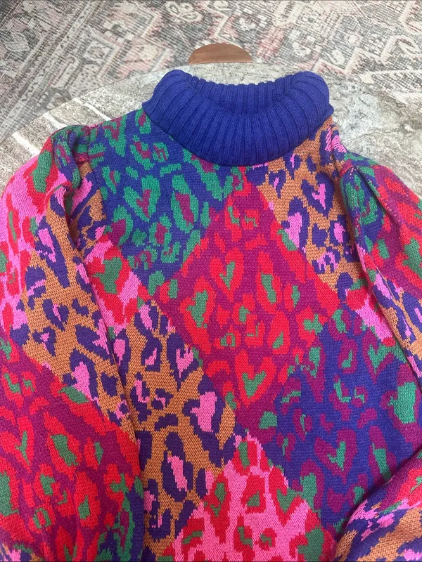 The Farm Rio Mixed Leopard Pop Sweater Oversized Dress Wool Blend Sz S - Image 6