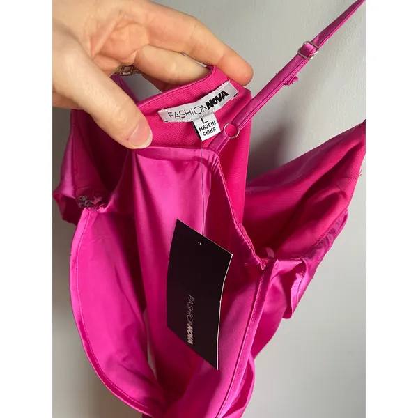 FashionNova Hot Pink Cowl Neck Mini Dress sz Large NWT Barbie Perfect Life Satin - Image 6