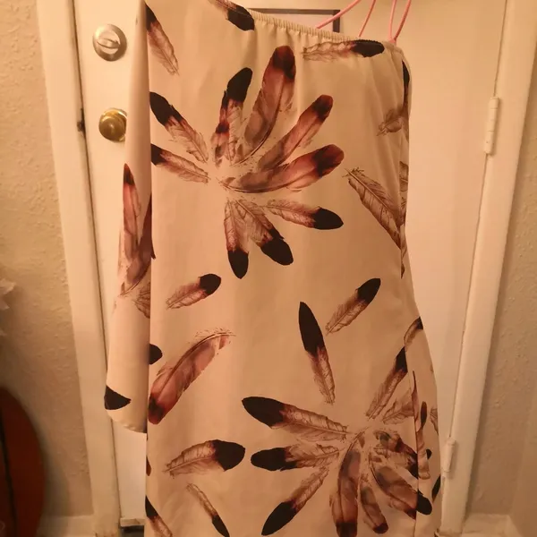 Audrey 3+1 Brown/Tan One Shoulder Feather Top Dress Kaftan Tunic Coverup Boho - Image 3