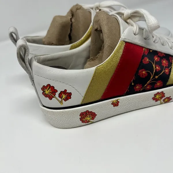 Diane Von Furstenberg Tess 9 Lace Up‎ Sneakers Gold & Red Stripe & Floral Design - Image 9