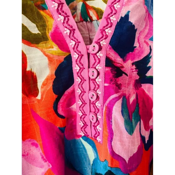 Johnny Was Sz L Ruffe Seam V Neck Blouse Top Embroidered placket floral - Image 5