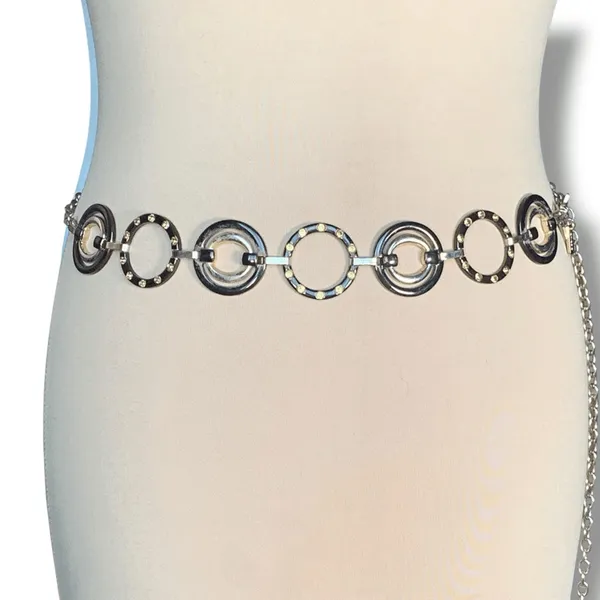 Chicos Black Gold Enamel Link Disc Chain Waist Belt Statement Accessory Boho‎ - Image 3