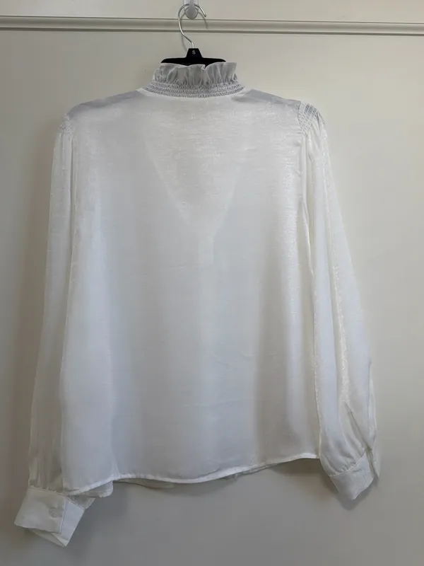 Mystree Ivory Satin Ruffle Neck Blouse Balloon Sleeve Button Down Sz S NWT - Image 4