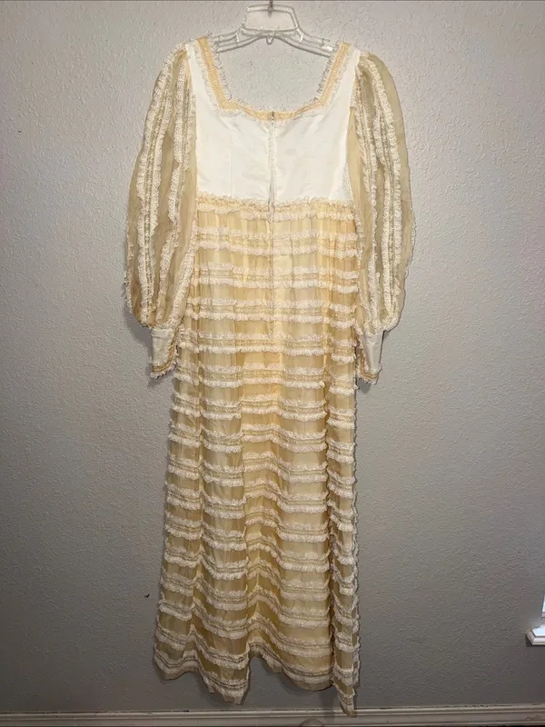 vintage 70s pale yellow maxi dress sheer ruffled tiers and long puff sleeves - Image 6
