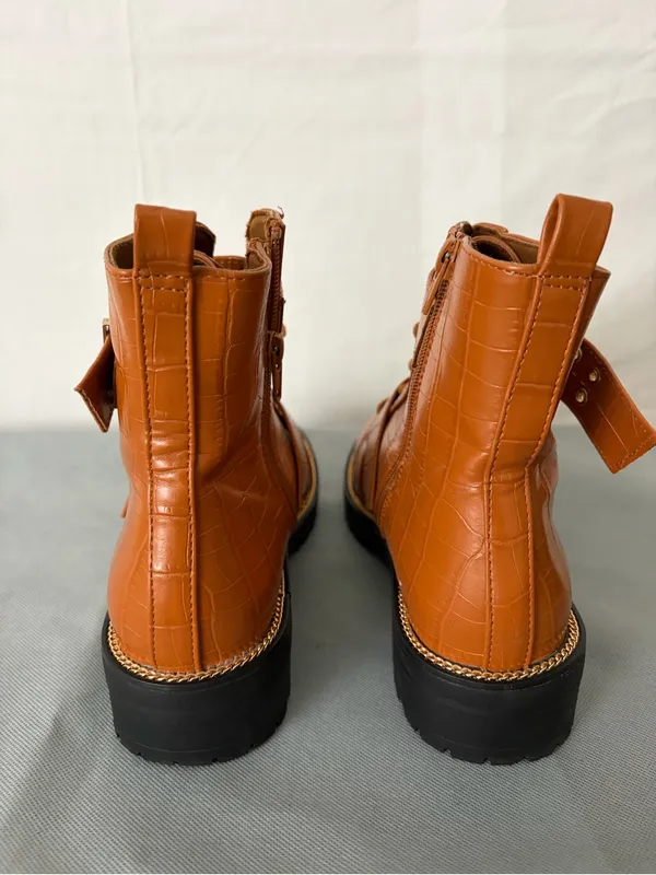 ASOS Design Brown Croc Embossed Combat Ankle Boots Buckle women’s size 7(B219) - Image 4