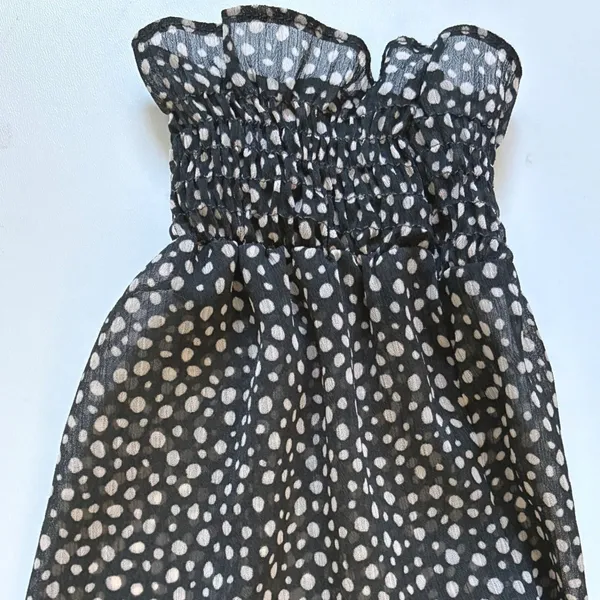 Zara Womens Green Cream Polka Dot Smocked‎ V-Neck Mini Dress L - Image 7